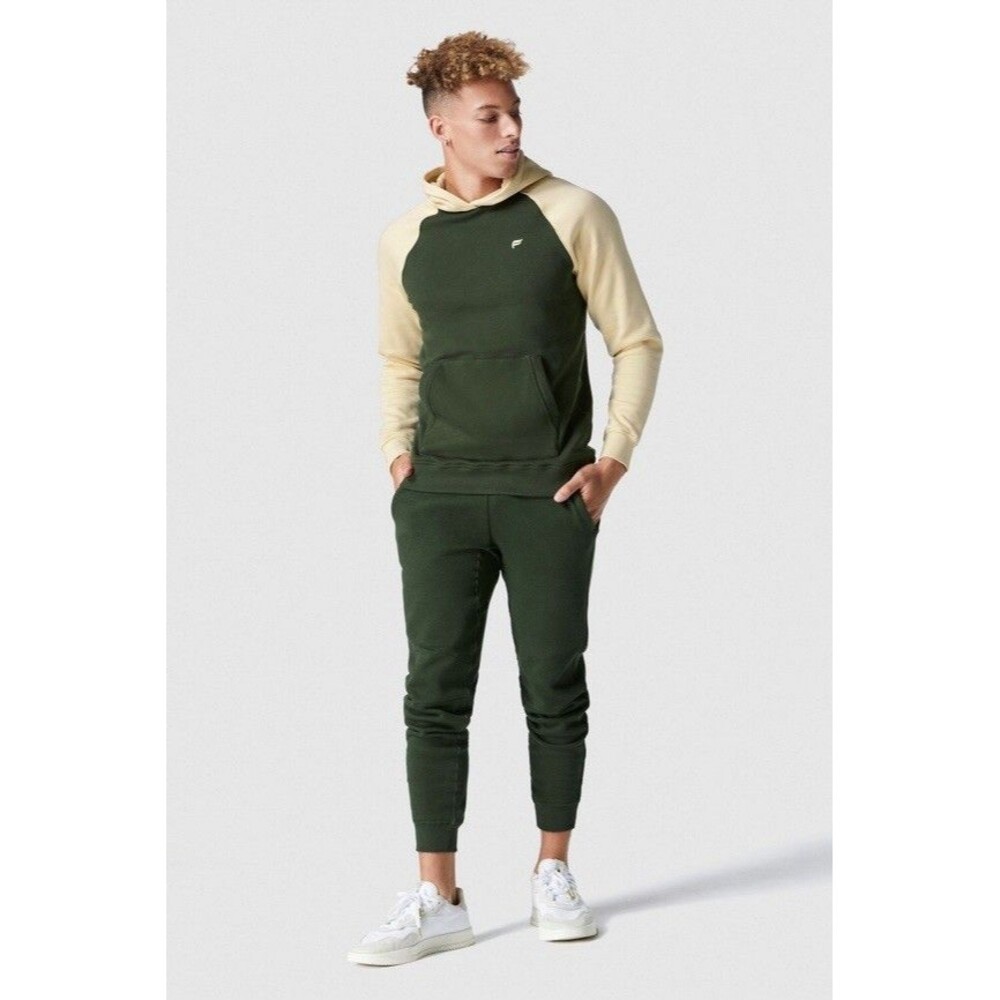 Fabletics Go To Hoodie Men’s Large Green‎ And Tan Sweatshirt Activewear Casual